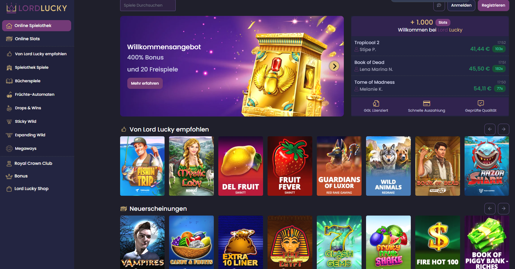LordLucky Casino Lobby mit verschiedenen Spielkategorien und Spielautomaten
